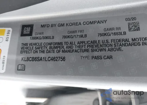 2020 Chevrolet Spark Fwd Ls Automatic из США, поврежденный, VIN KL8CB6SA1LC462756